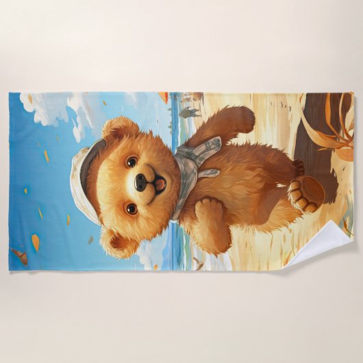 Serviette De Plage Ours en peluche mignon marchant sur la plage (Devant)