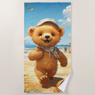 Serviette De Plage Ours en peluche mignon marchant sur la plage