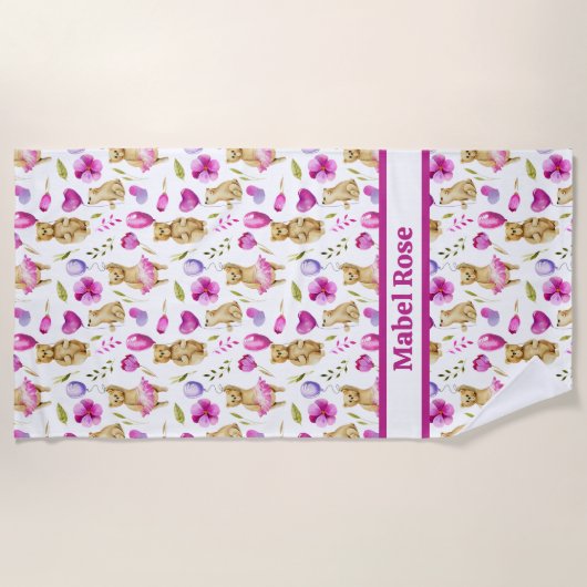 Serviette De Plage Ours rose Ballons et Fleurs Fille (Devant)