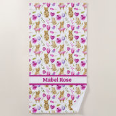 Serviette De Plage Ours rose Ballons et Fleurs Fille (Devant)