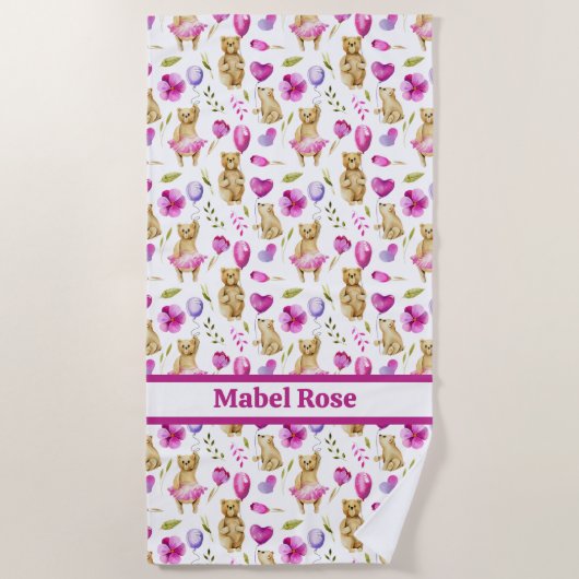 Serviette De Plage Ours rose Ballons et Fleurs Fille (Devant)