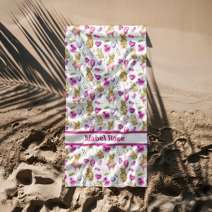 Serviette De Plage Ours rose Ballons et Fleurs Fille