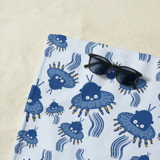 Serviette De Plage OVNI octopique bleu Kawaii (En situation)