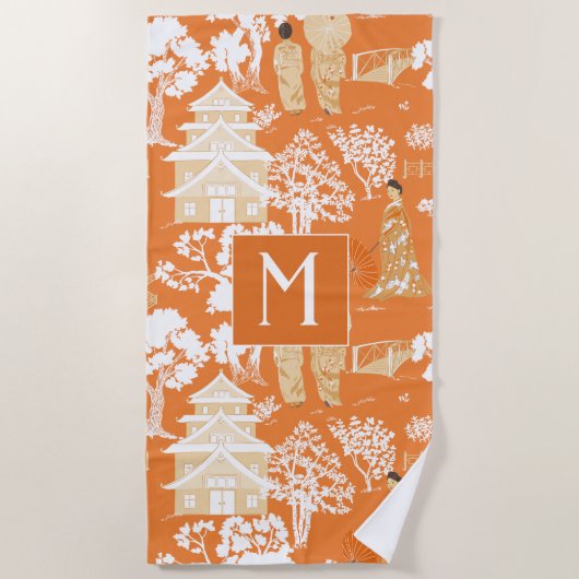 Serviette De Plage Pagode de la Chinoiserie orange Monogramme (Devant)