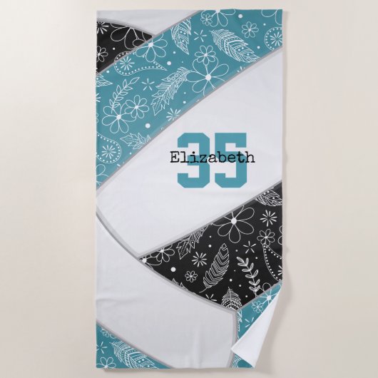 Serviette De Plage paisleys floraux artsy turquoise volleyball noir b (Devant)