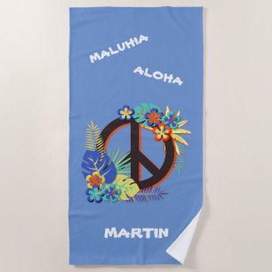 Serviette De Plage Paix Amour Tropical Hawaïen Nom Coloré Bleu