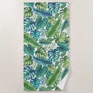 Serviette De Plage Palm vert et Turquoise Tropical Banana Monstera Fe