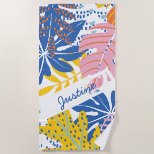 Serviette De Plage Palme tropicale moderne rose bleu jaune