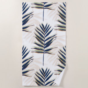 Serviette De Plage Palmier bleu moderne Feuille Gold Strots Blanc Des