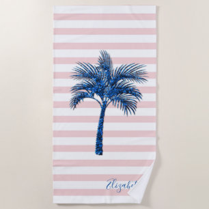 Serviette De Plage Palmier pailleté bleu élégant rayures roses