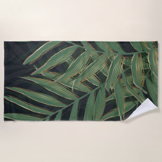 Serviette De Plage Palmier Vert Feuille Gold Strokes Gris Design (Devant)