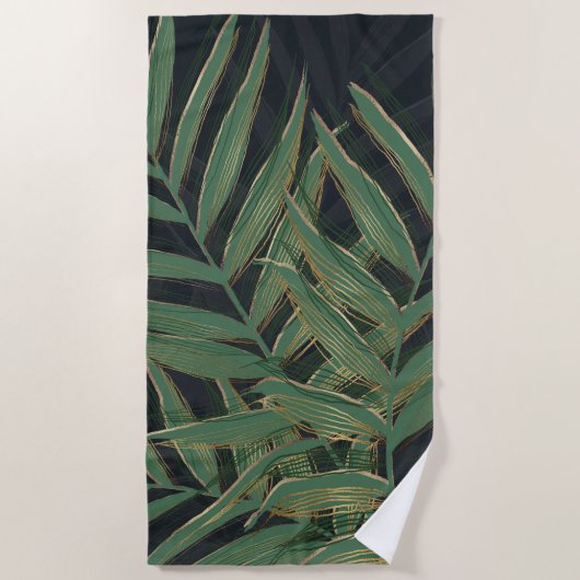 Serviette De Plage Palmier Vert Feuille Gold Strokes Gris Design (Devant)
