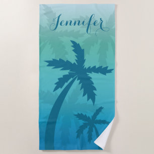 Serviette De Plage Palmiers Bleus Tropical Avec Nom Personnalisé
