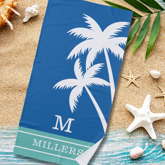 Serviette De Plage Palmiers côtiers Monogramme Nom de famille Blue Gr