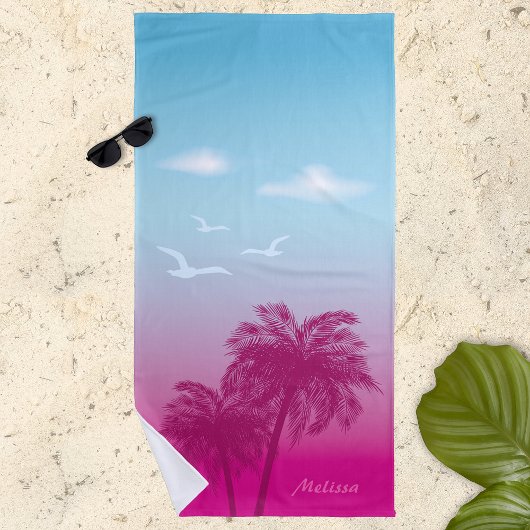 Serviette De Plage Palmiers Roses Coucher de soleil tropical d'été av