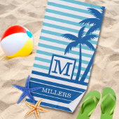 Serviette De Plage Palmiers tropicaux Monogramme Nom Aqua Blue Stripe