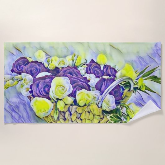 Serviette De Plage Panier blanc violet de peinture Rose aquarelle (Devant)