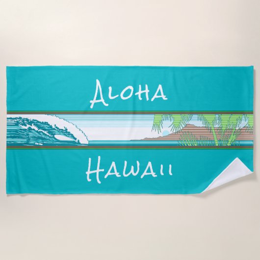 Serviette De Plage Panneau Surf Hawaïen Ala Moana Diamond Head - Aqua (Devant)