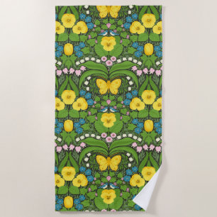 Serviette De Plage Pansies jaunes, oiseaux et papillons