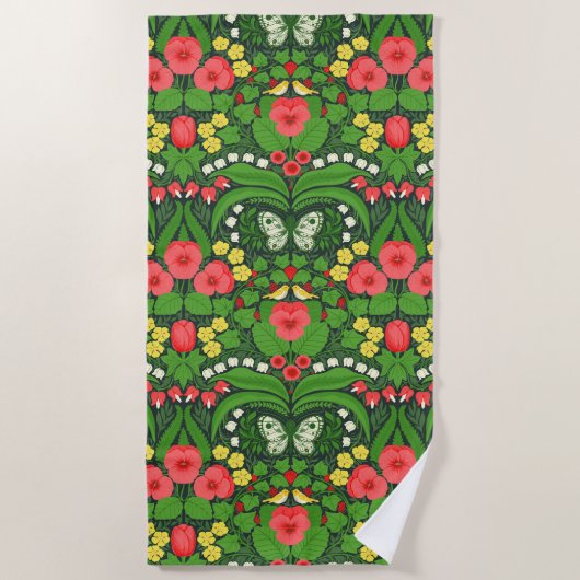 Serviette De Plage Pansies rouges, oiseaux et papillons (Devant)