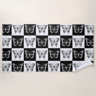 Serviette De Plage Papillon blanc noir À damiers bloc