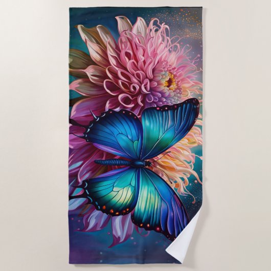 Serviette De Plage Papillon bleu et Dahlia (Devant)