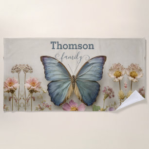 Serviette De Plage Papillon Bleu Vintage Floral Jardin Famille