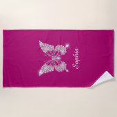 Serviette De Plage Papillon Diamant Blanc, Nom du script, Fuchsia pro (Devant)