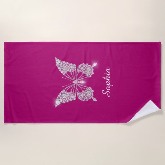 Serviette De Plage Papillon Diamant Blanc, Nom du script, Fuchsia pro (Devant)