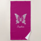 Serviette De Plage Papillon Diamant Blanc, Nom du script, Fuchsia pro (Devant)