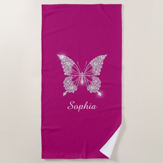 Serviette De Plage Papillon Diamant Blanc, Nom du script, Fuchsia pro (Devant)