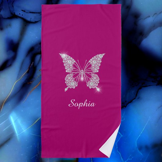 Serviette De Plage Papillon Diamant Blanc, Nom du script, Fuchsia pro