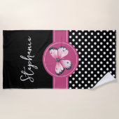 Serviette De Plage Papillon personnalisé Noir rose Pois blancs (Devant)