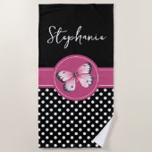 Serviette De Plage Papillon personnalisé Noir rose Pois blancs (Devant)