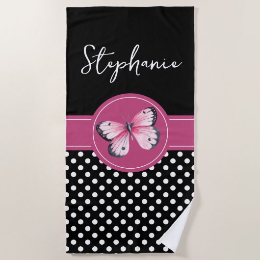 Serviette De Plage Papillon personnalisé Noir rose Pois blancs (Devant)