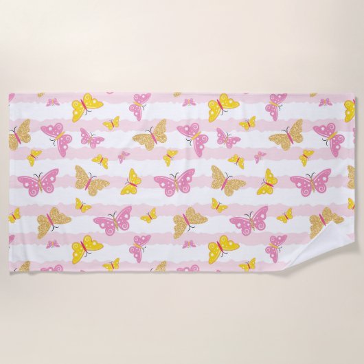 Serviette De Plage Papillon rose et or (Devant)