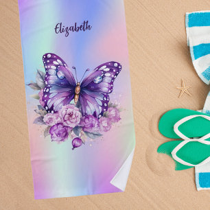 Serviette De Plage Papillon rose violet fleurs holographique