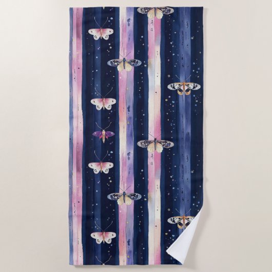 Serviette De Plage Papillons à rayures violettes roses (Devant)
