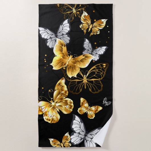 Serviette De Plage Papillons blancs et dorés (Devant)