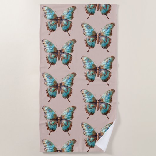 Serviette De Plage Papillons bleu turquoise crème (Devant)