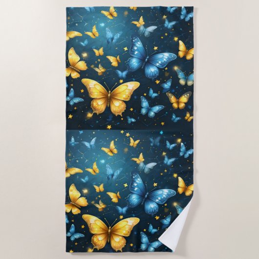 Serviette De Plage Papillons Bleus Et Jaunes Volant, (Devant)