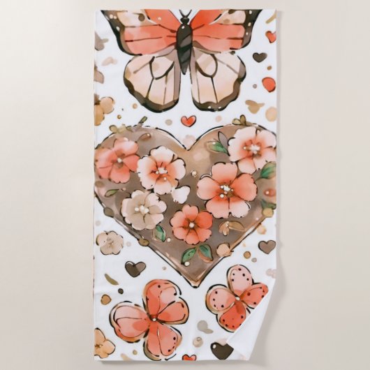 Serviette De Plage Papillons, Coeurs et Fleurs (Devant)