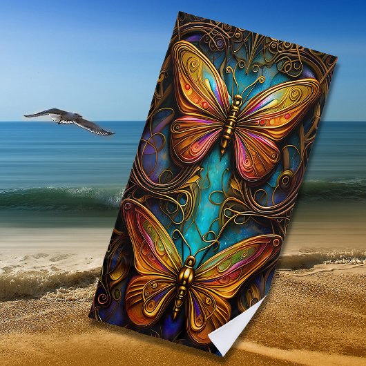 Serviette De Plage Papillons de bronze sur Aqua Blue