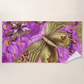 Serviette De Plage Papillons d'or Fleurs roses Nom personnalisé (Devant)