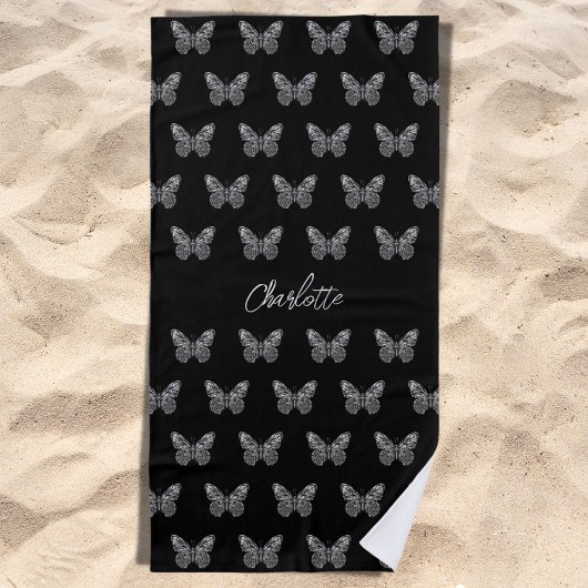 Serviette De Plage Papillons en argent noir motif nom script