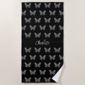 Serviette De Plage Papillons en argent noir motif nom script (Devant)
