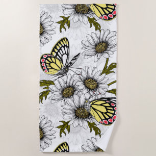 Serviette De Plage Papillons Jézabel et fleurs marguerites sur blanc