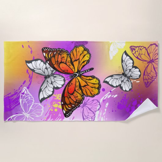 Serviette De Plage Papillons Monarque sur Arrière - plan pourpre (Devant)