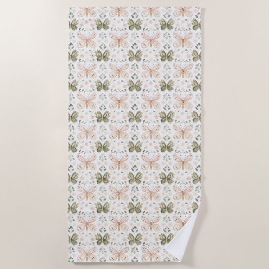 Serviette De Plage Papillons Rose Pâle Vert Menthe (Devant)