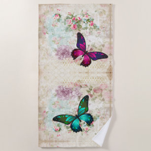 Serviette De Plage Papillons roses et verts sur les Roses Vintages de